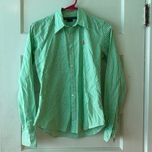 Green and white striped button down